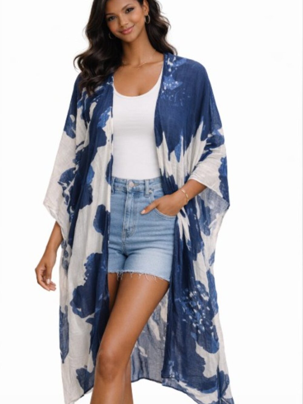 Navy & White Floral Print Abstract Duster Kimono Shawl